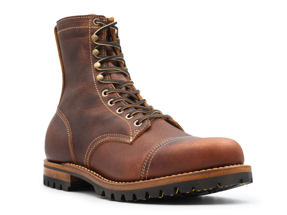 auburn brown leather boot on a white background 3QTR view