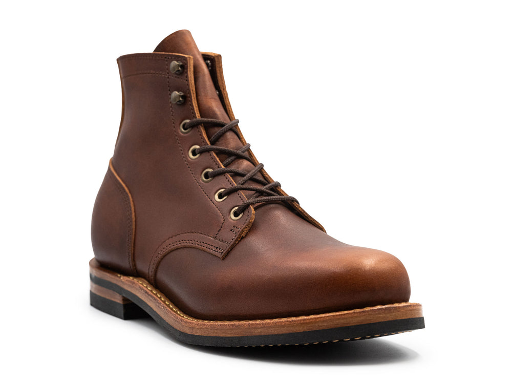 brown leather boot on a white background 3QTR view