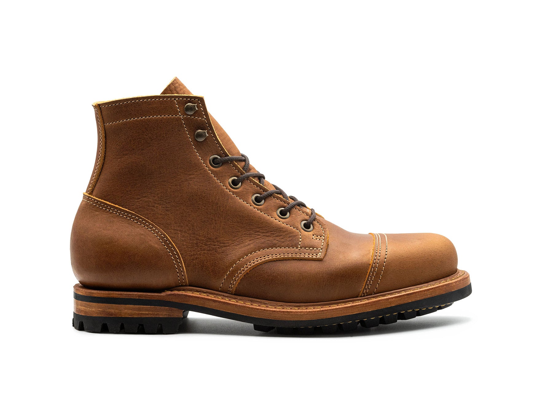 British Tan Grizzly cap toe boot side view