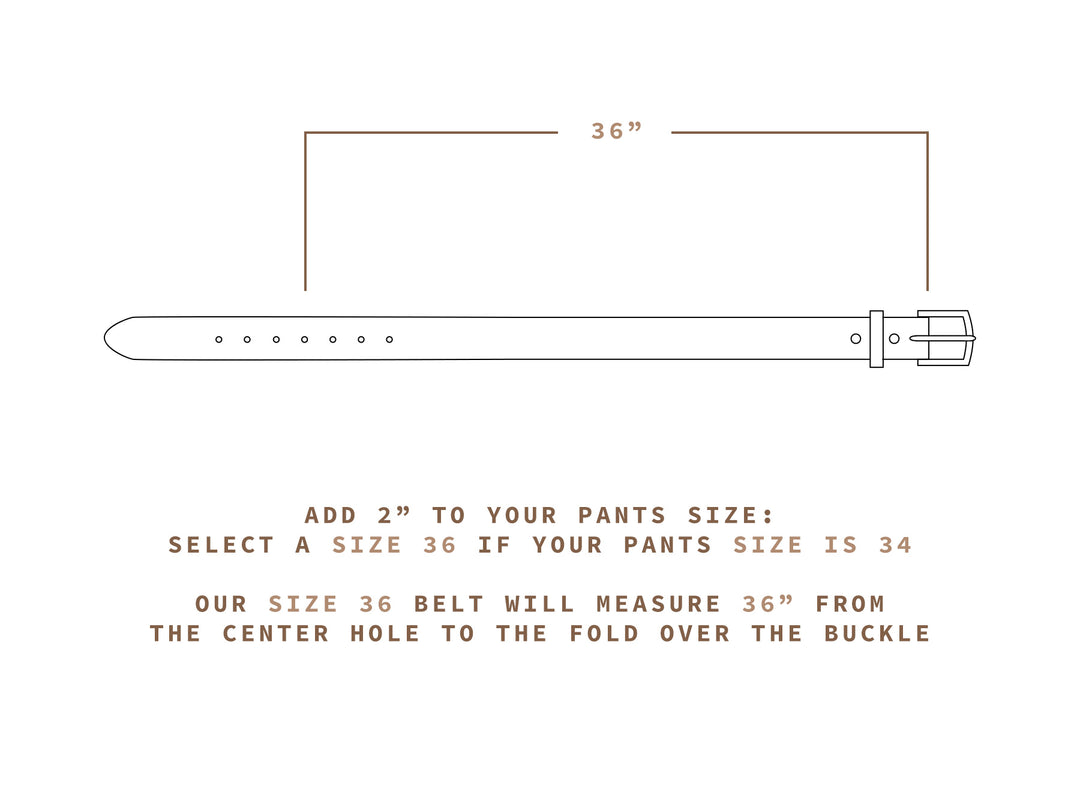 belt sizing chart showing the distance from the fold at the buckle to the center hole is the belt size