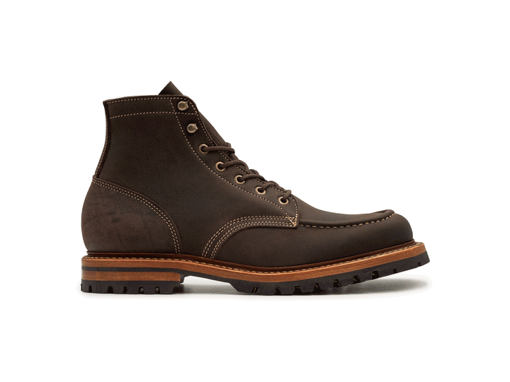 animated 360° rotating view of brown textured kudu leather boot on white background