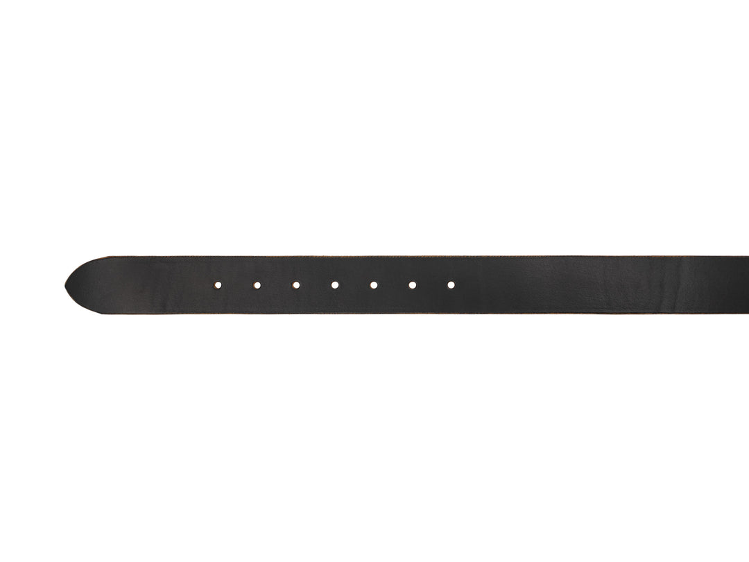 black leather belt showing tip of belt with holes in it