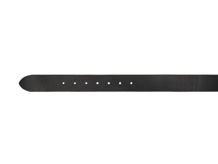 black leather belt showing tip of belt with holes in it