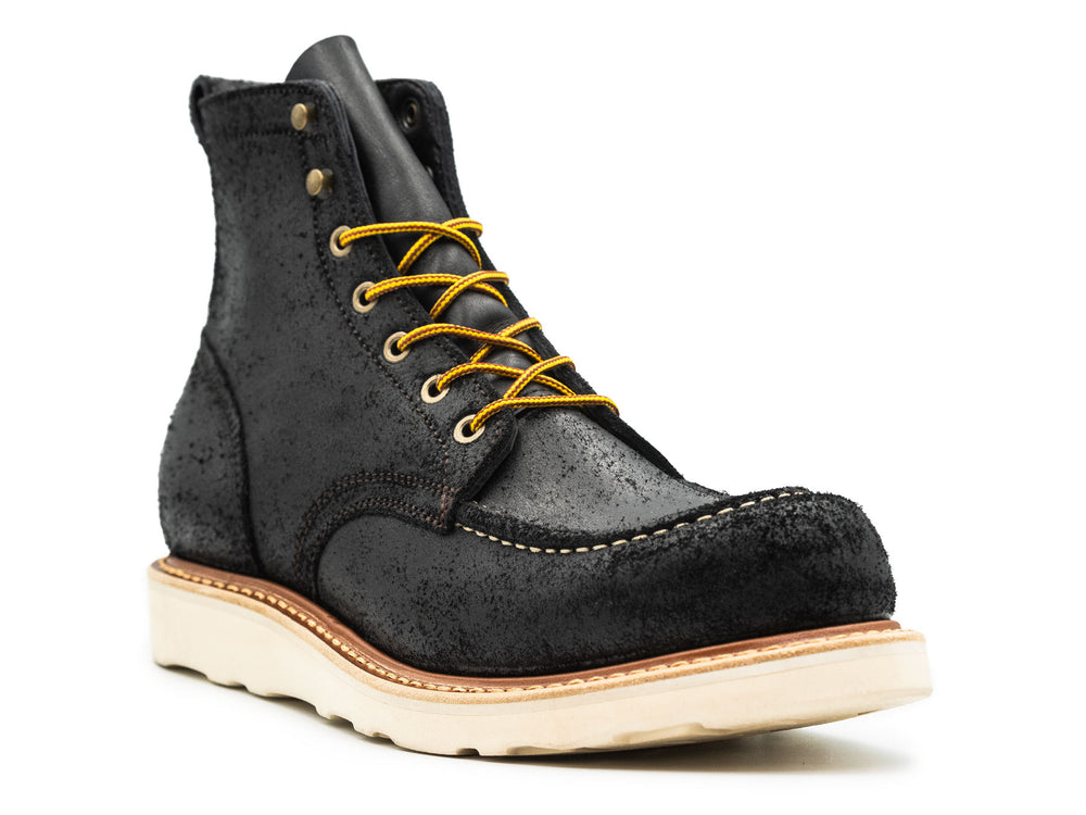 black rough out leather moc toe boot on a white background 3QTR view