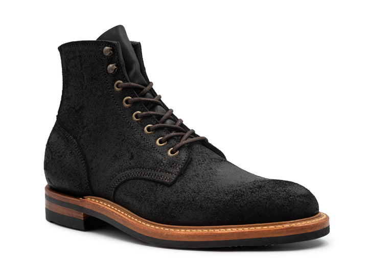 3QTR view of black oiled rough out leather boot on white background