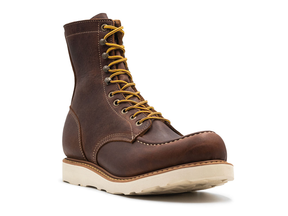 brown leather moc toe boot on a white background 3QTR view