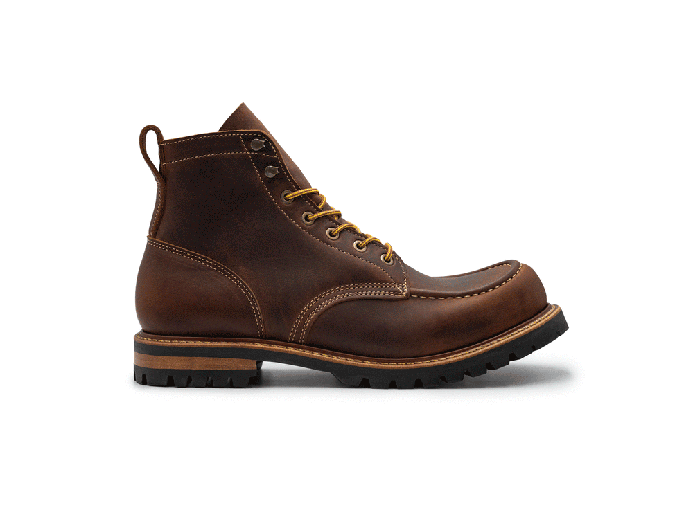brown leather moc toe boot on a white background rotating 360° view