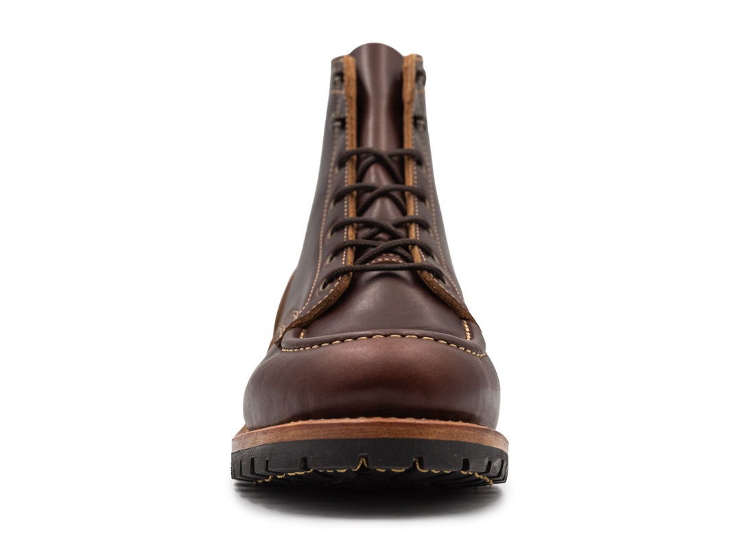 brown leather moc toe boot front view on white background