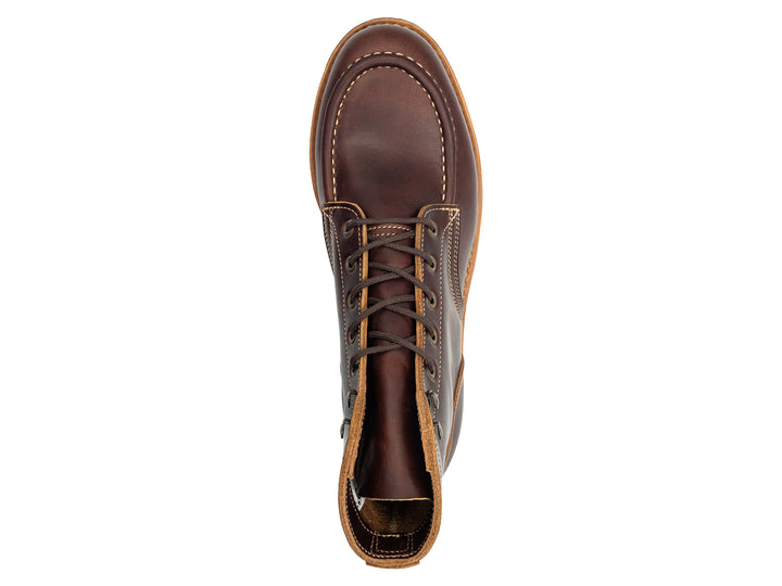 brown leather moc toe boot top down view on white background