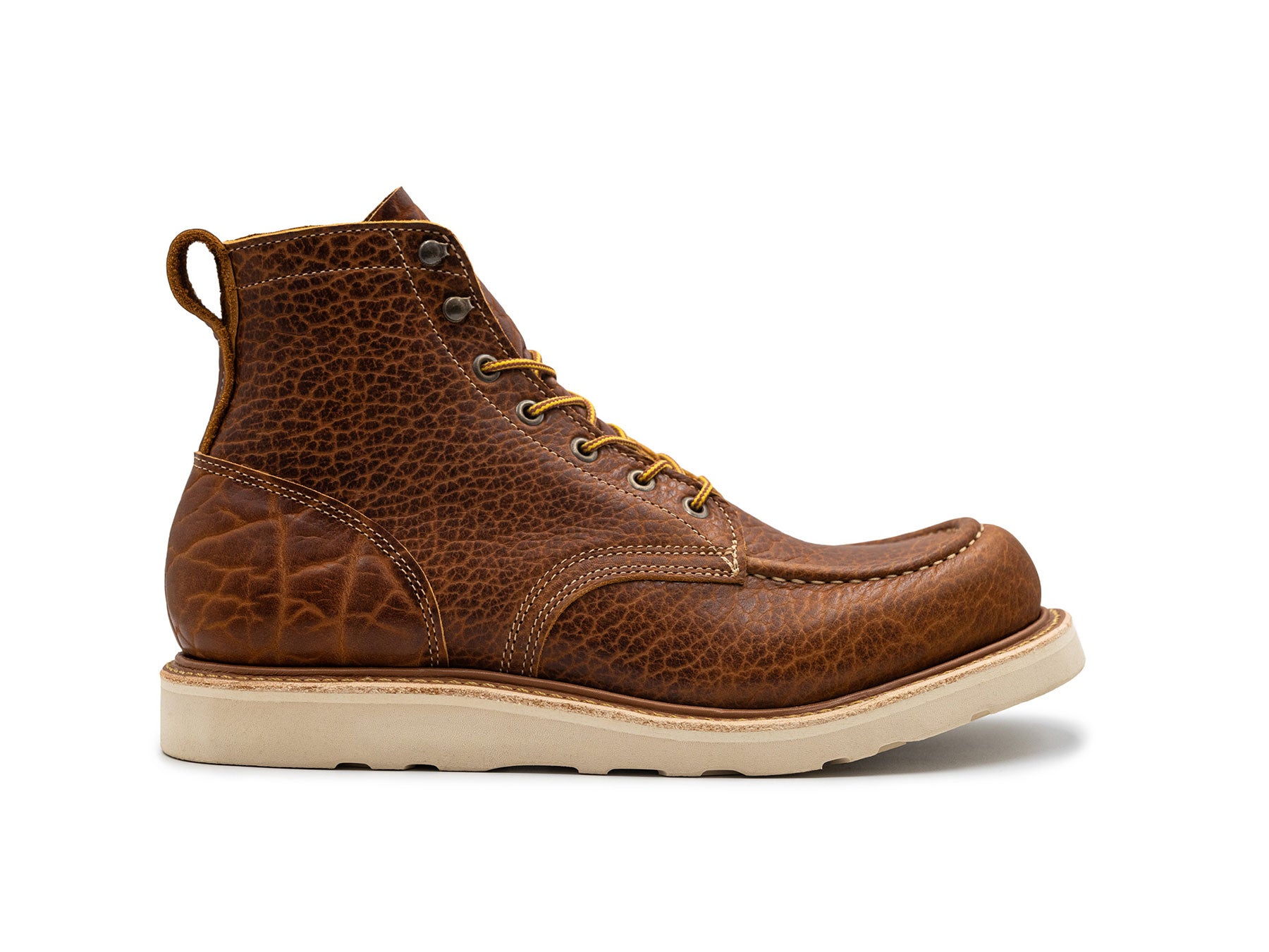 Cognac Shrunken Bison work moc toe boot side view