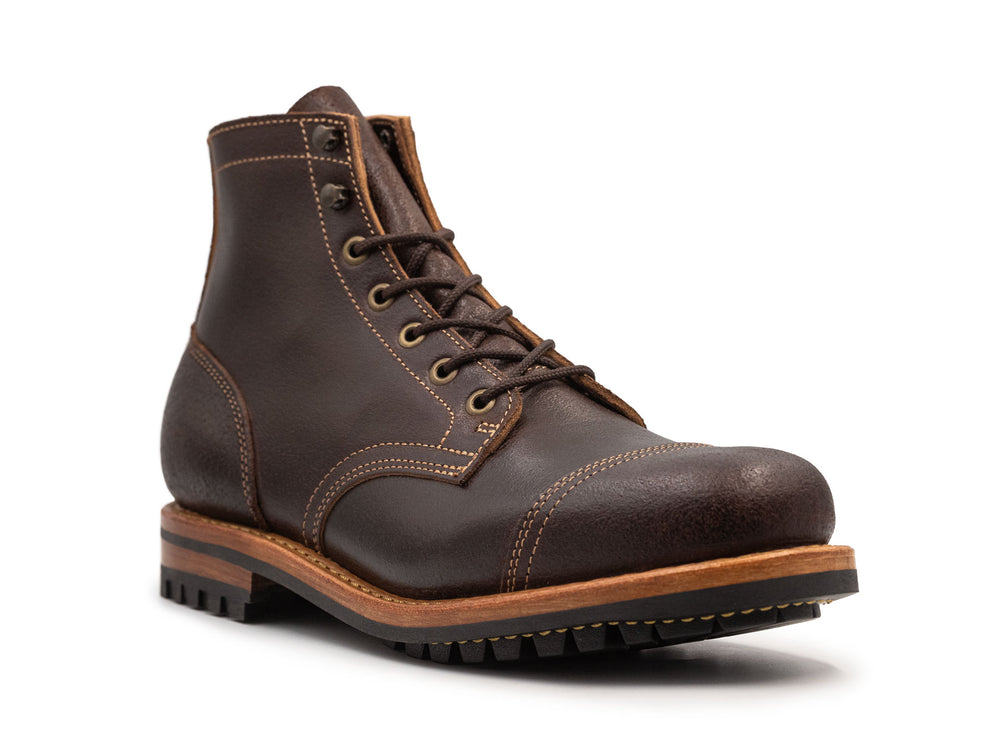dark brown leather boot on a white background 3QTR view