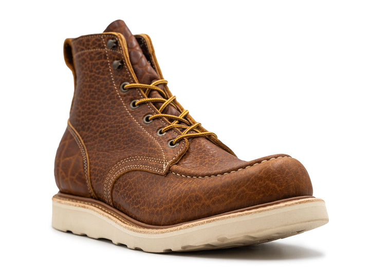 3qtr view of cognac shrunken bison moc toe boot on white background