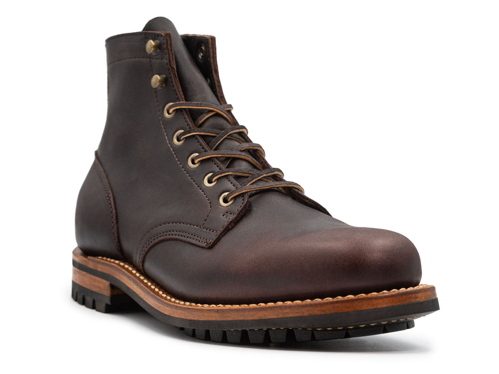 dark brown leather boot on a white background 3QTR view