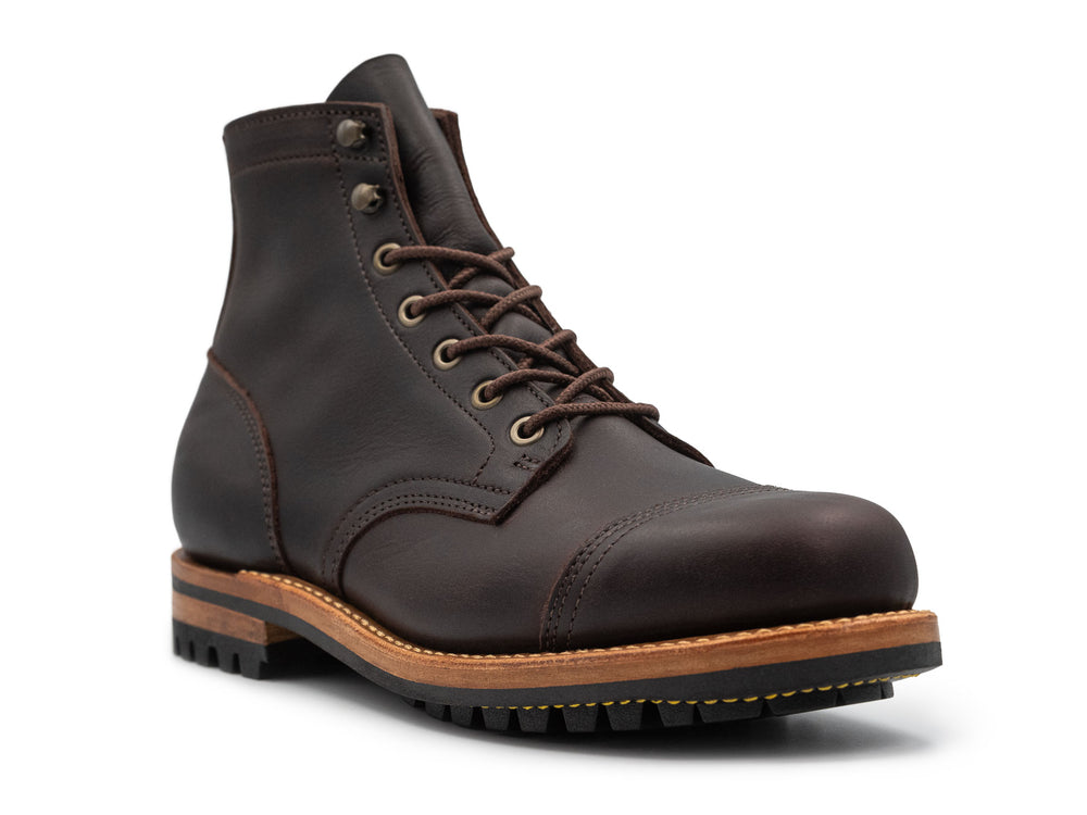 dark brown leather boot on a white background 3QTR view