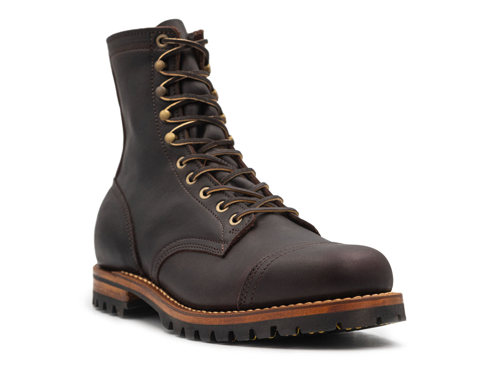 dark brown leather boot on a white background 3QTR view