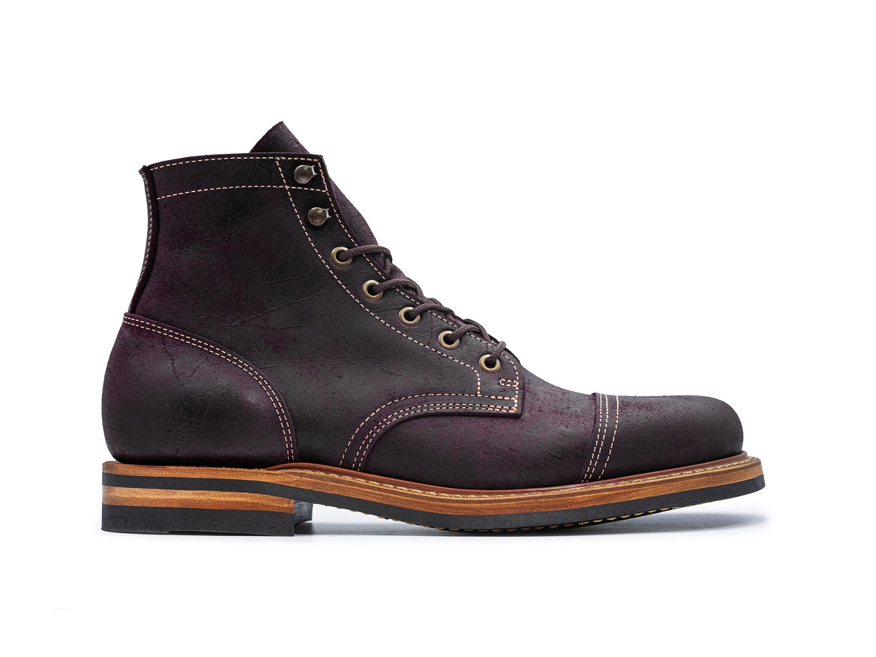 Dark burgundy rambler leather boot side view on white background