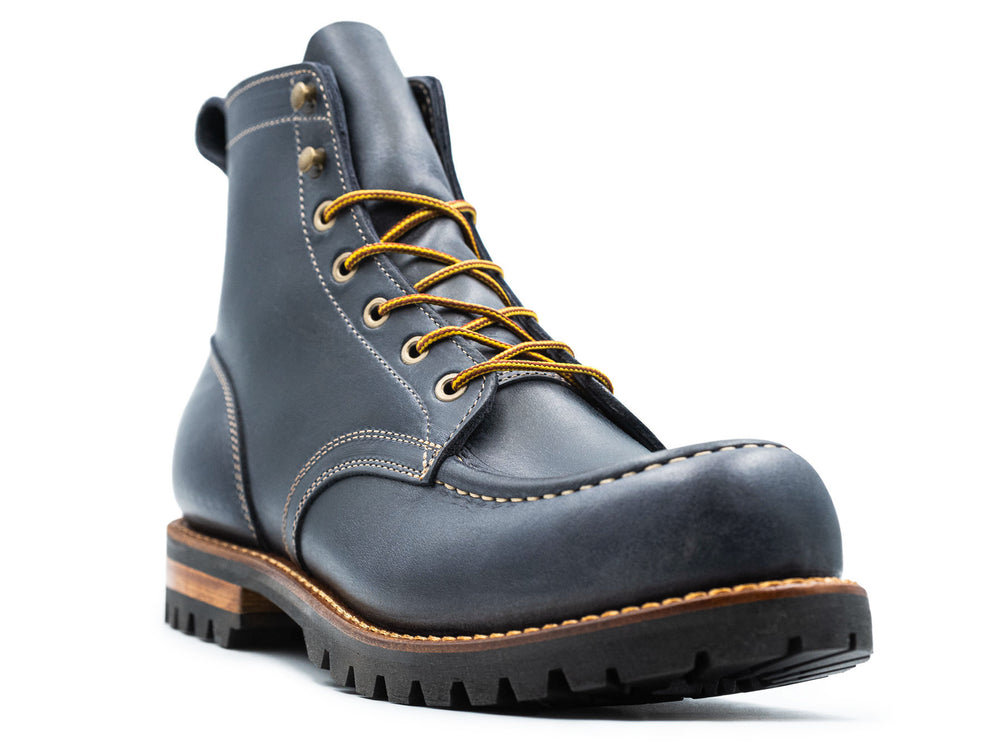 blue leather boot on a white background 3QTR view