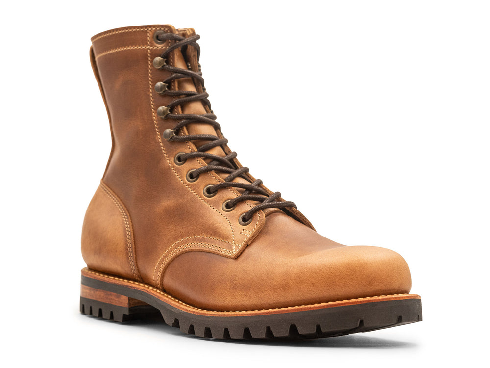 tan leather boot on a white background 3QTR view