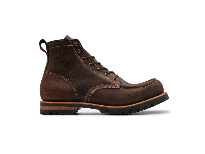 rotating animation of brown leather moc toe boot on white background