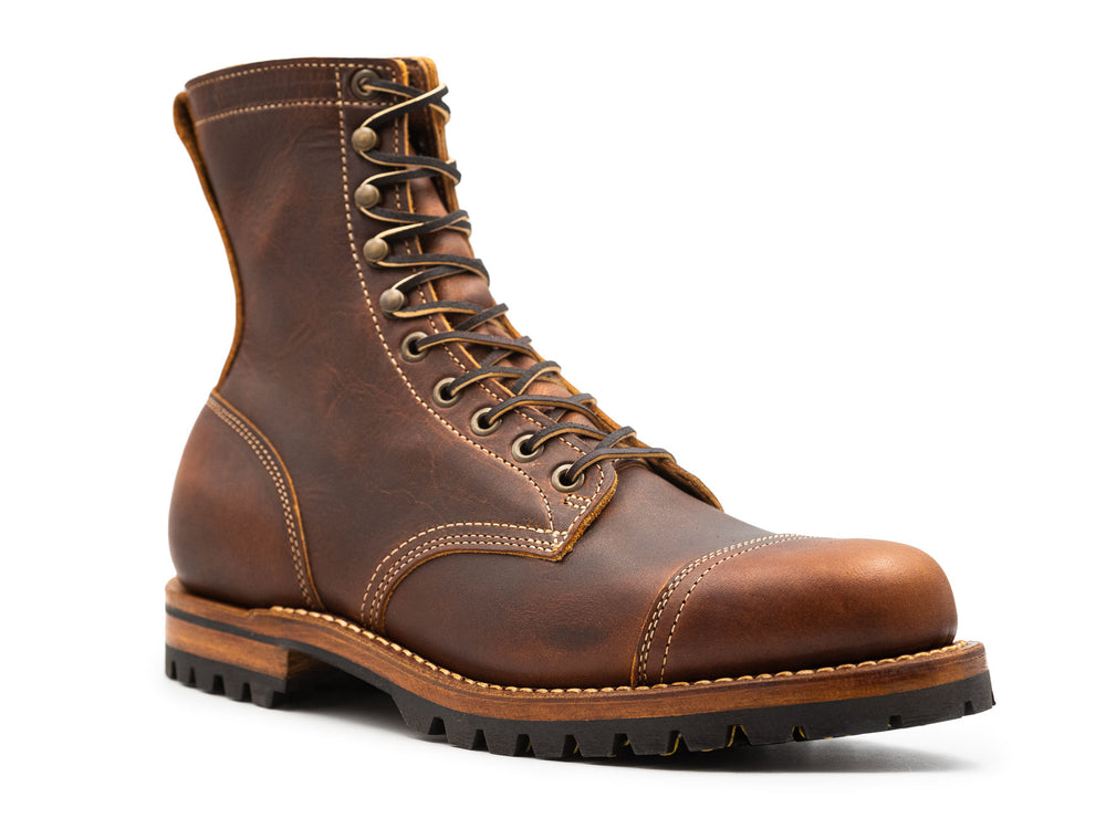 auburn brown leather boot on a white background 3QTR view