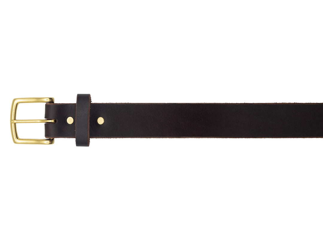 buckle of brown veg tan leather belt on white background