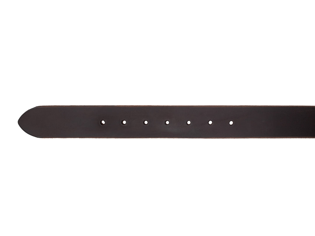 tip with holes of brown veg tan leather belt on white background