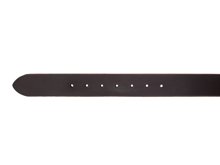 tip with holes of brown veg tan leather belt on white background