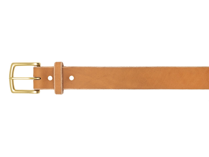 buckle of natural veg tan leather belt on white background