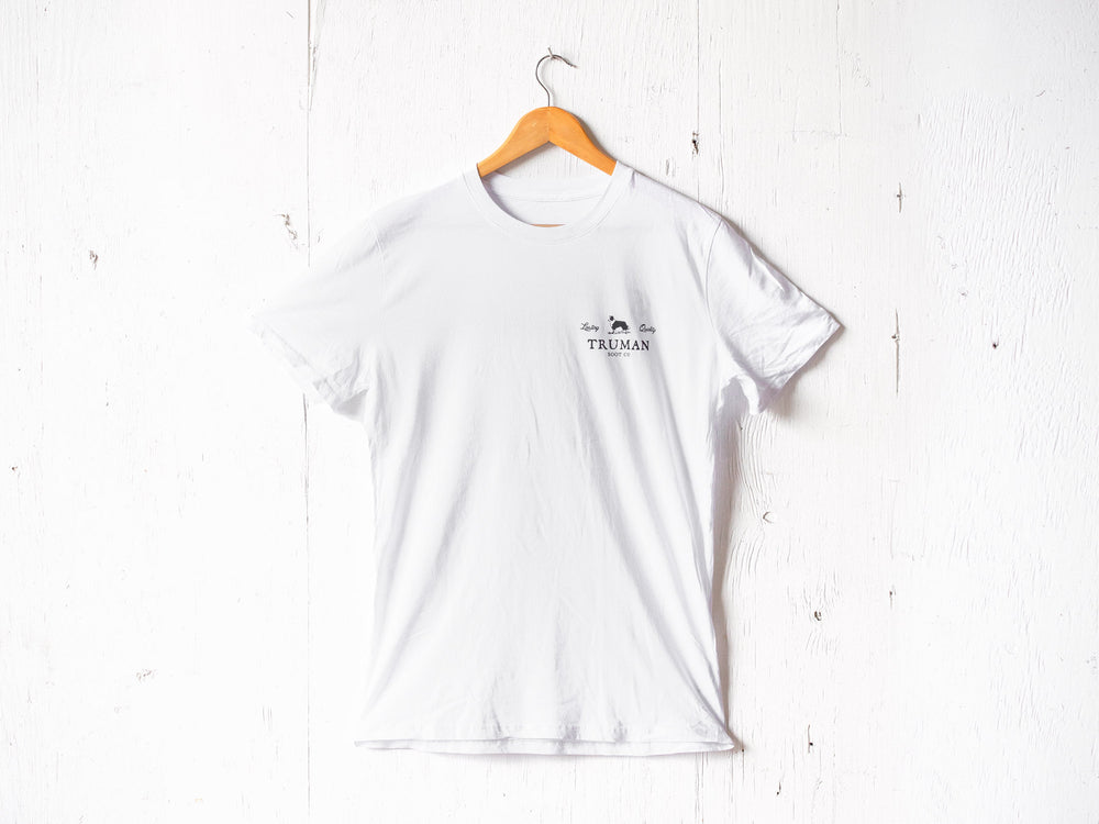 White t-shirt with Truman Boot logo on chest